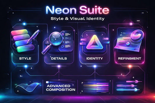 Neon Suite branding design with colorful elements on a dark background