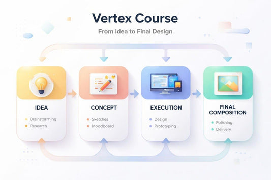 Diagram of Vertex Course process from idea to final design with colorful icons and labels.