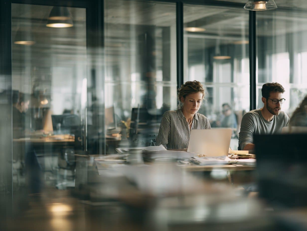 Two people working on laptops at a desk in an office setting.