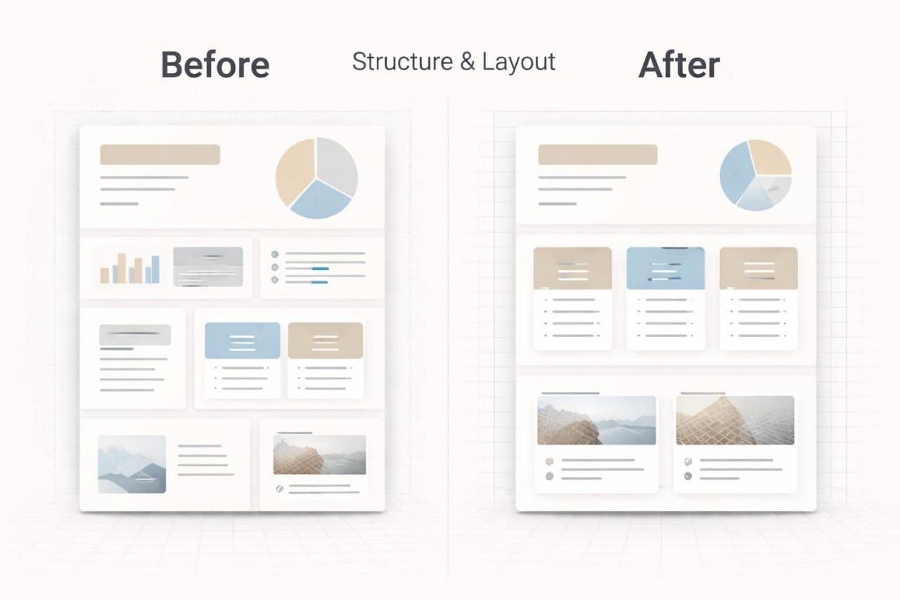 Comparison of a website layout 'Before' and 'After' on a white background