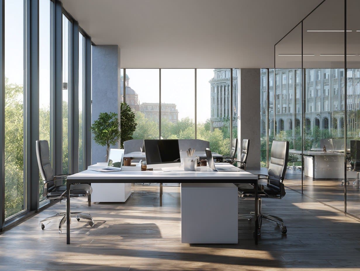 Modern office space with large windows, desks, and chairs.