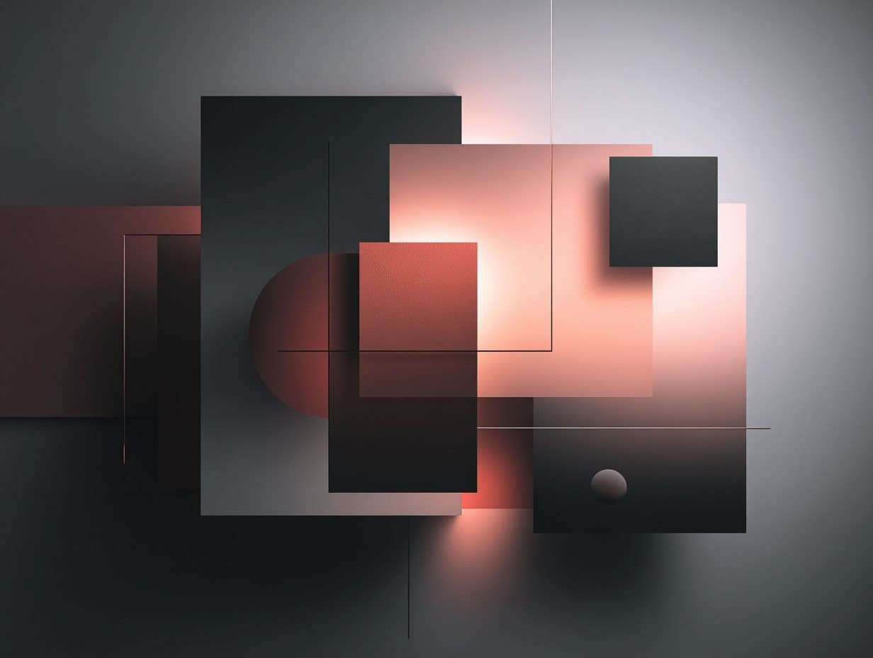 Modern abstract wall art with geometric shapes in black, red, and pink on a dark background