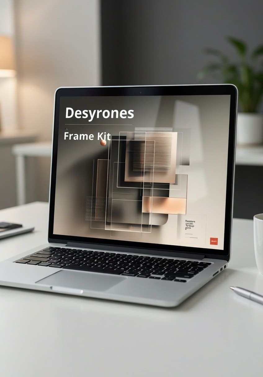 Laptop on a desk displaying 'Desyrones Frame Kit' with a blurred background