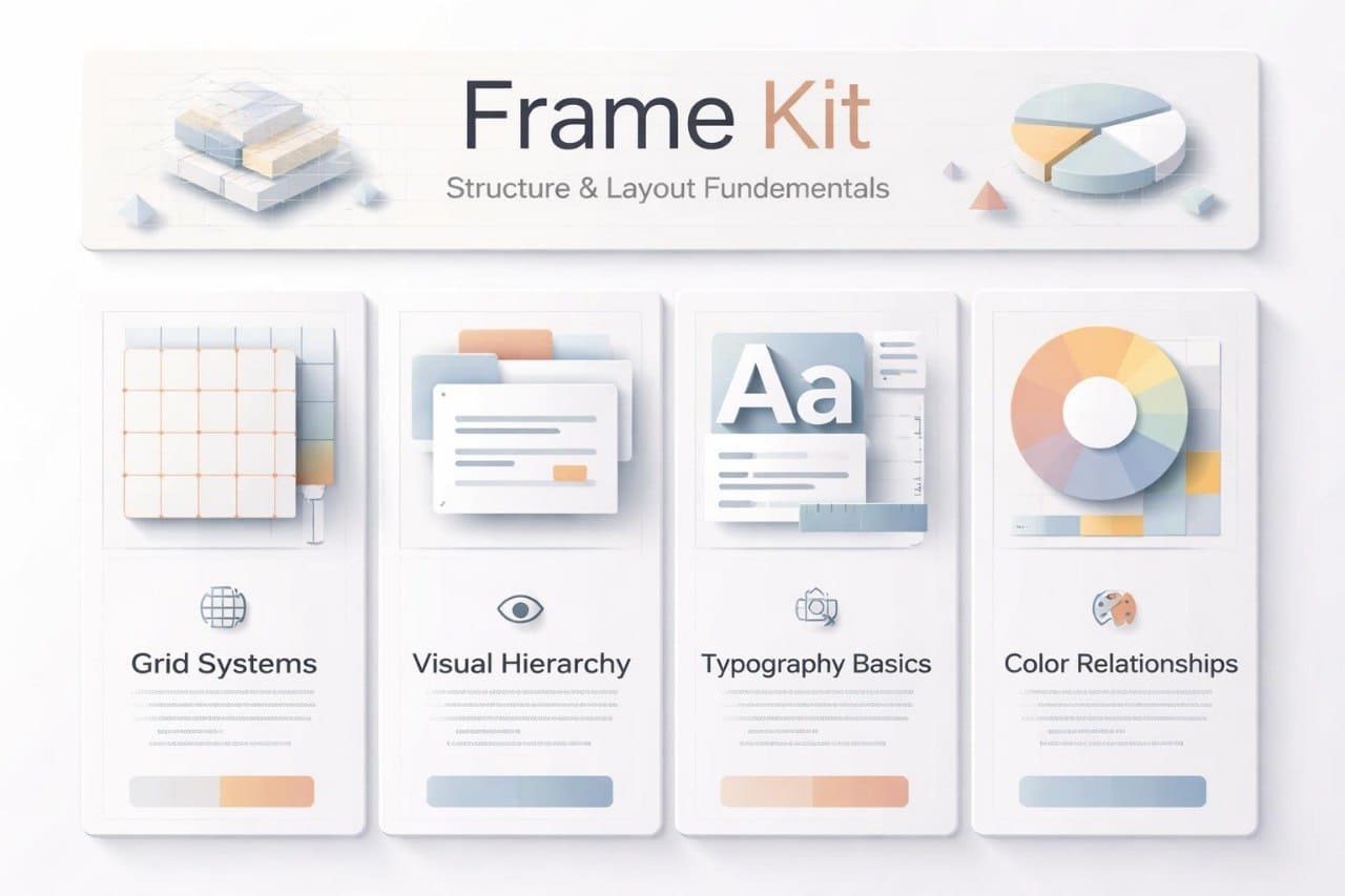 Frame Kit structure and layout fundamentals with icons and text on a white background