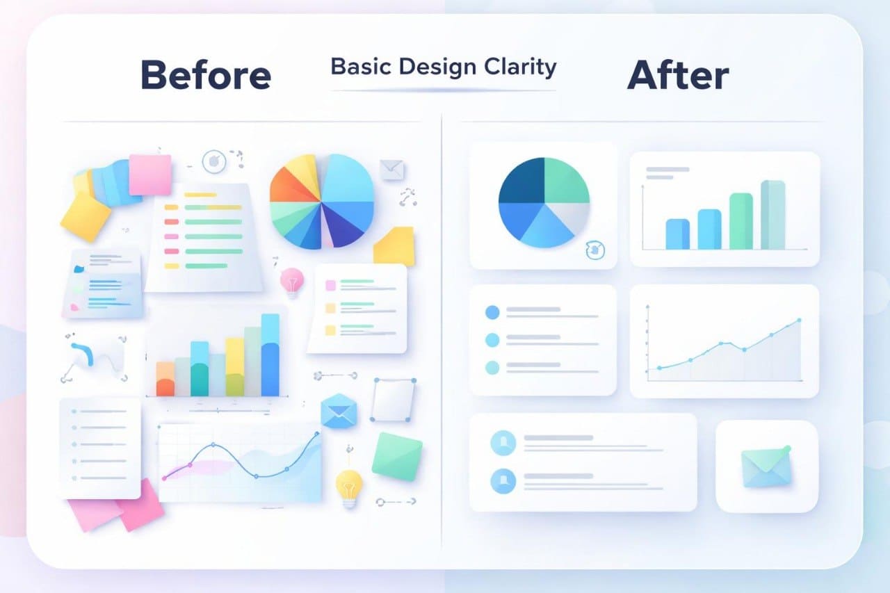 Comparison of basic design clarity before and after with colorful charts and graphs.