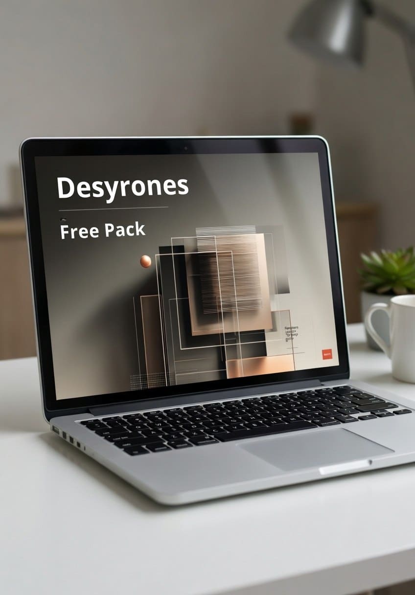 Laptop on a desk with 'Desyrones Free Pack' displayed on the screen