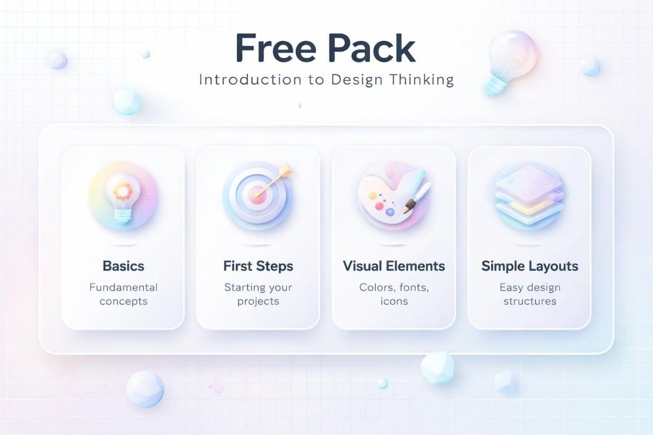 Free design thinking pack introduction with icons and text on a light background