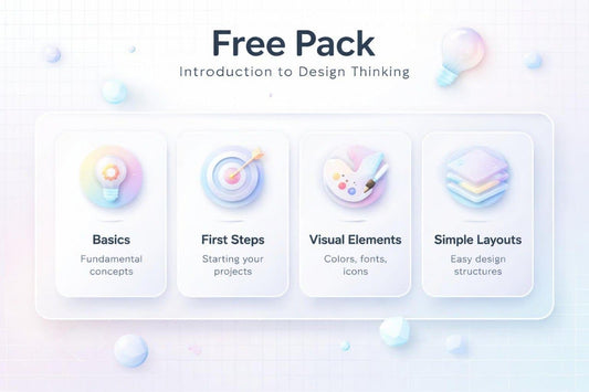 Free design thinking pack introduction with icons and text on a light background