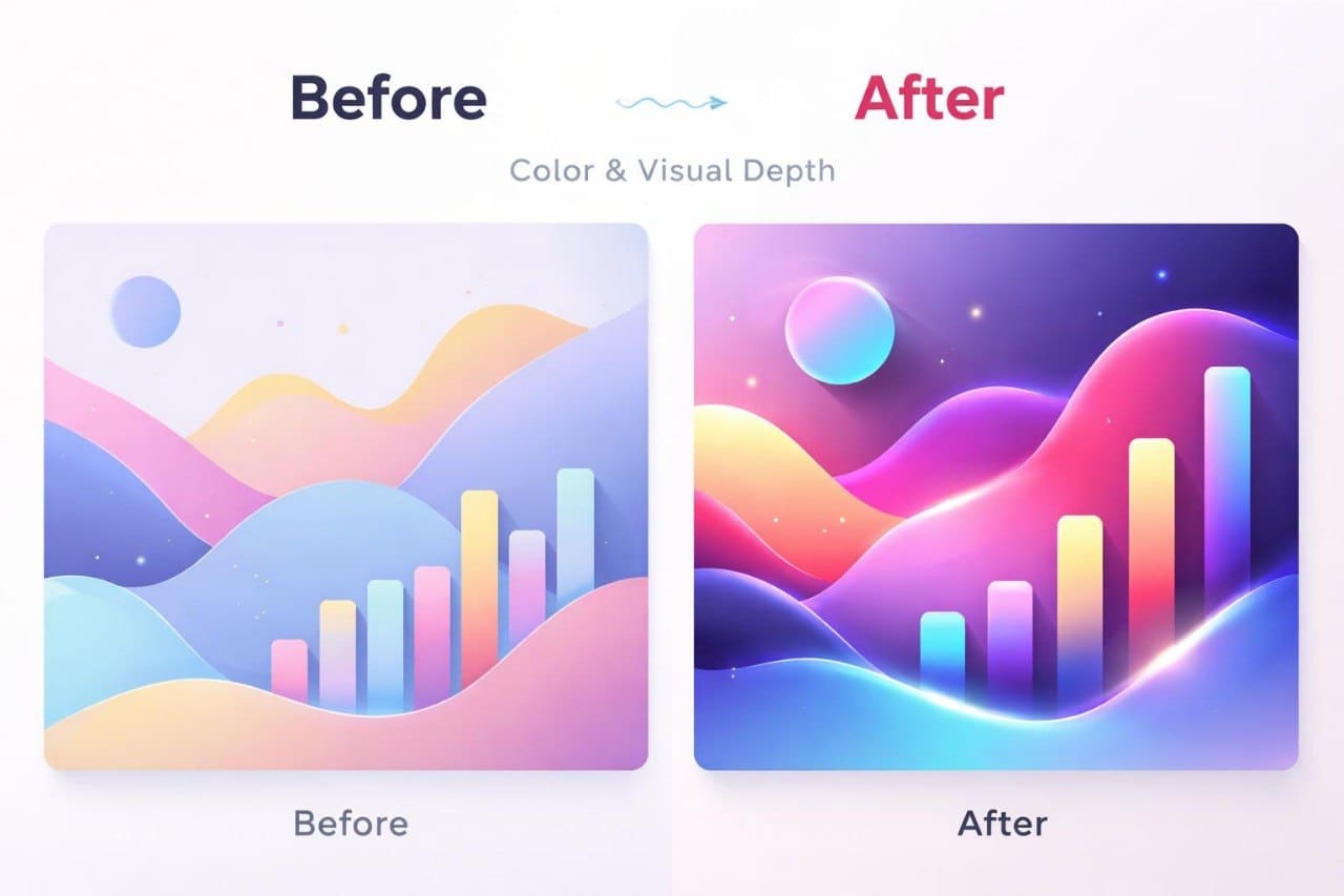 Before and after comparison of a colorful landscape with bar graphs.