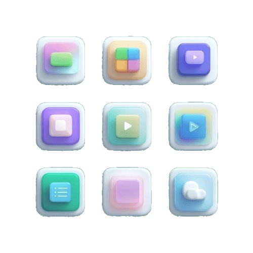 Set of colorful square icons with various symbols on a white background