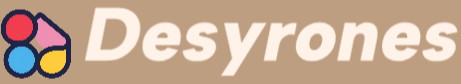 Desyrones logo with colorful shapes on a beige background