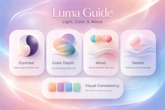 Luma Guide tool interface with color swatches and text on a gradient background