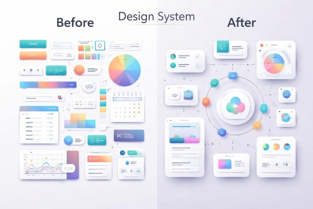 Before and after design system comparison with colorful interface elements.