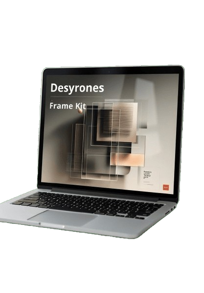 Laptop displaying a screen with 'Desyrones Frame Kit' on a white background
