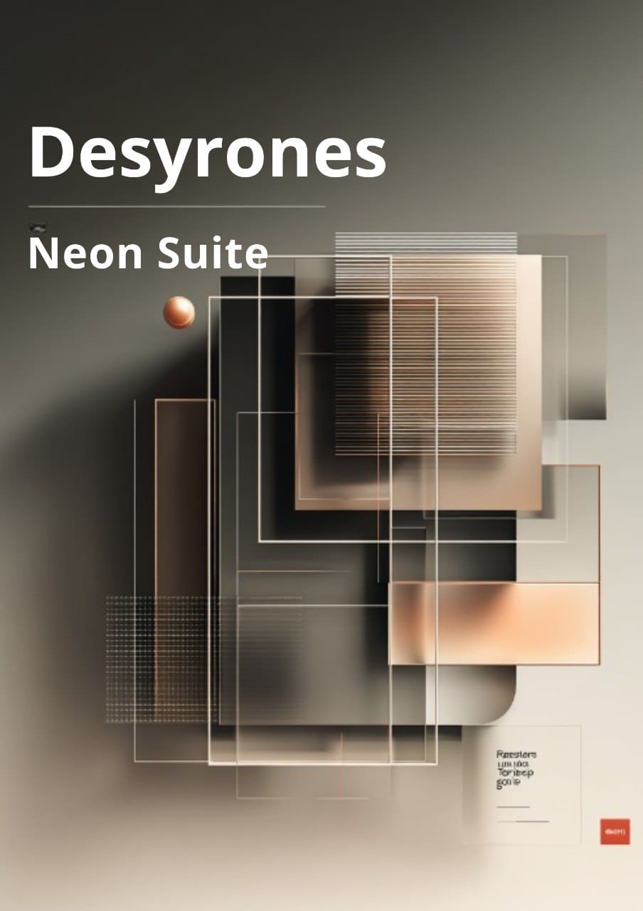 Promotional graphic for Desyrones Neon Suite with geometric shapes and gradient background.