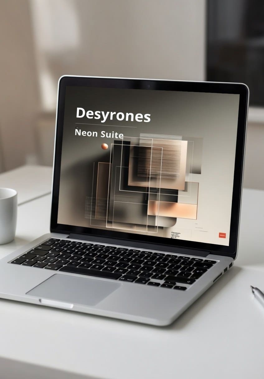 Laptop on a desk with 'Desyrones Neon Suite' displayed on the screen