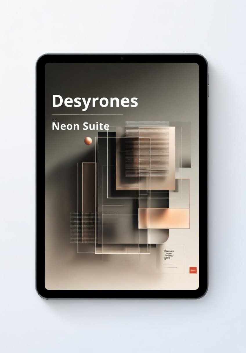 Digital album cover of 'Neon Suite' by Desyrones on a tablet screen.