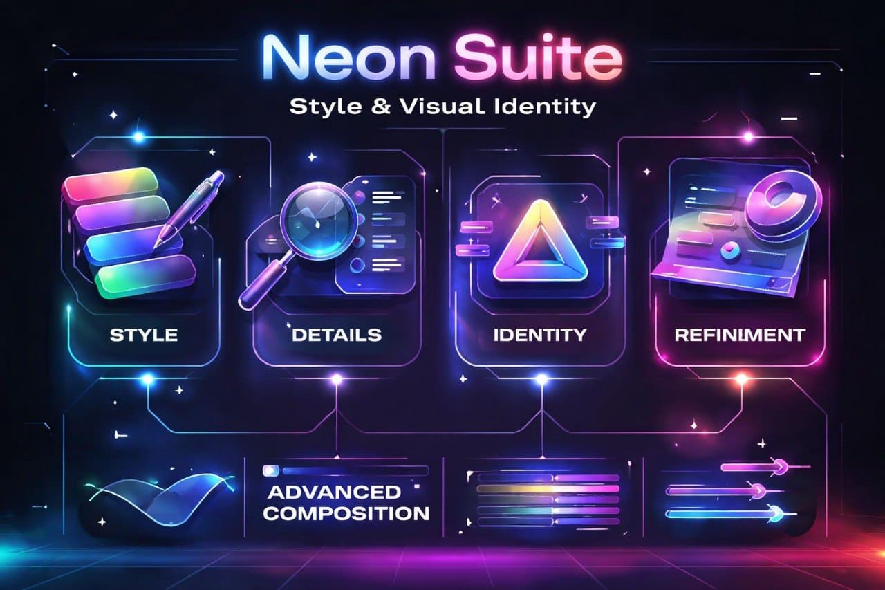 Neon Suite branding design with colorful elements on a dark background