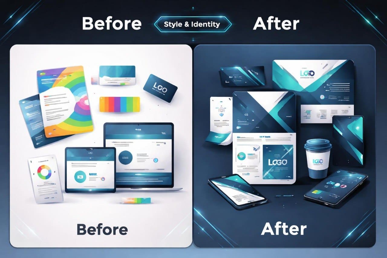 Before and after comparison of a brand's visual identity with colorful and modern design elements.