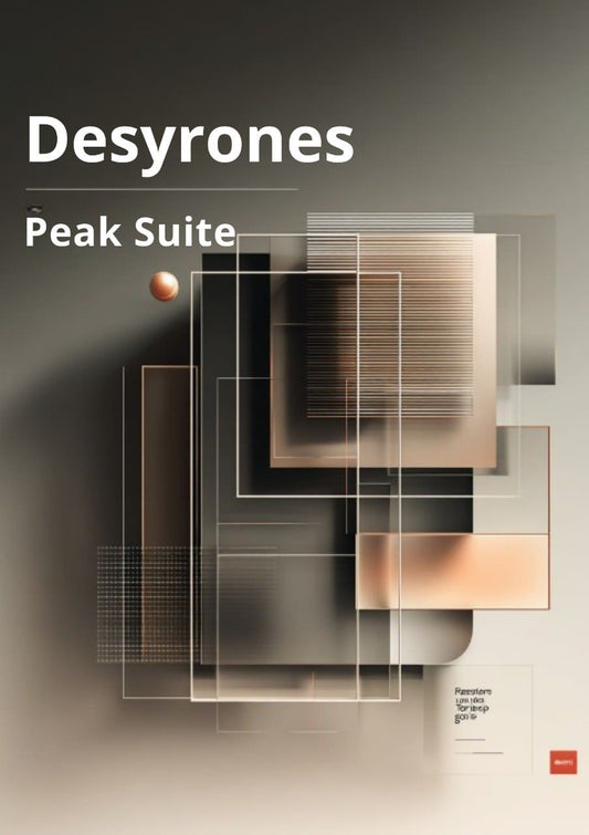 Desyrones Peak Suite advertisement with geometric design elements on a gray background