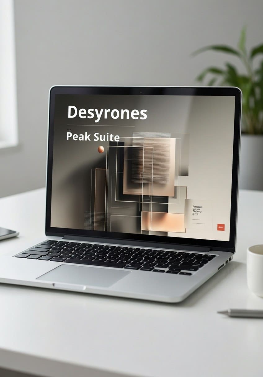 Laptop on a desk with 'Desyrones Peak Suite' displayed on the screen