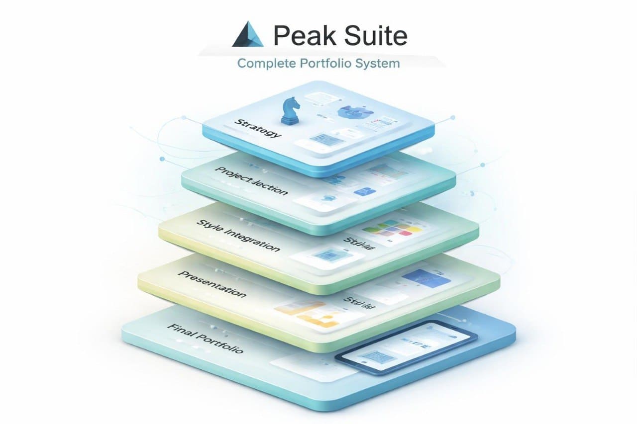 Stack of digital tablets with 'Peak Suite' branding on a white background