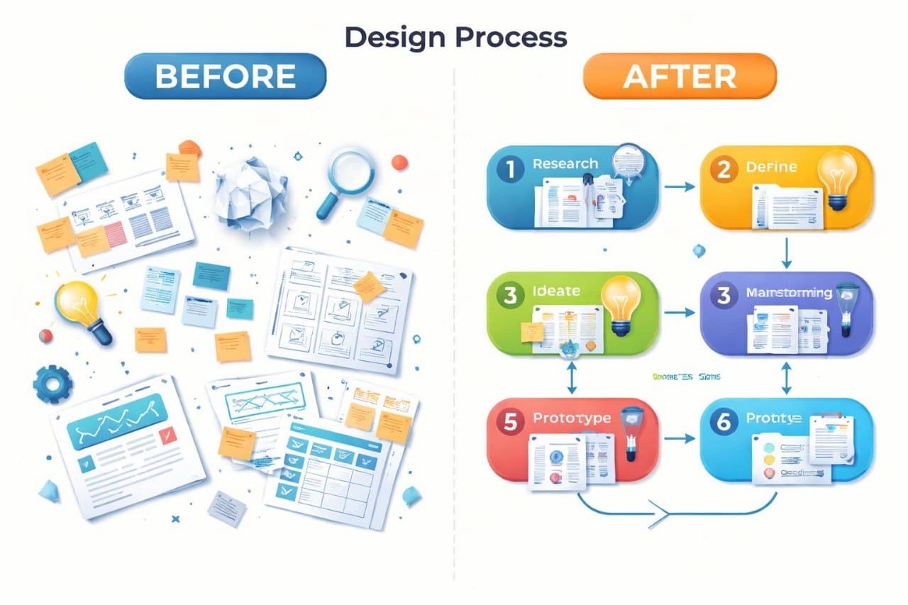 Comparison of a design process before and after with colorful steps.