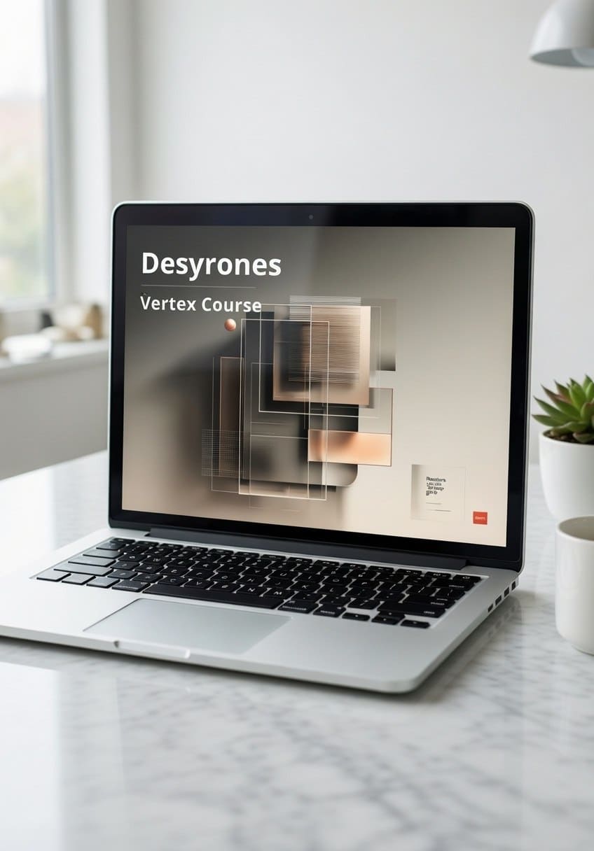 Laptop on a marble surface displaying a course interface with 'Desyrones' branding.