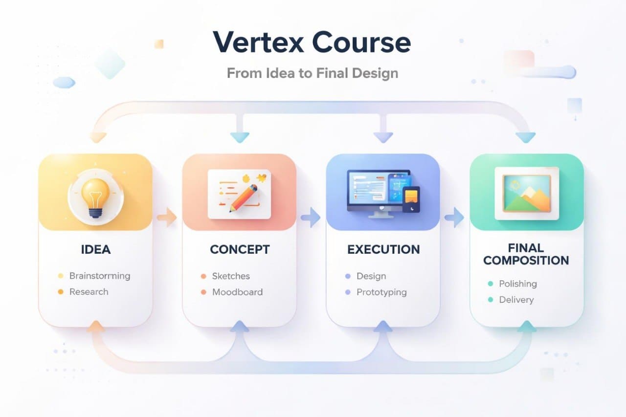 Diagram of Vertex Course process from idea to final design with colorful icons and labels.