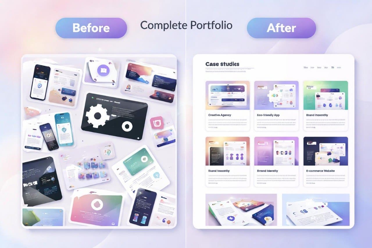 Comparison of a 'Before' and 'After' design portfolio layout on a tablet screen.